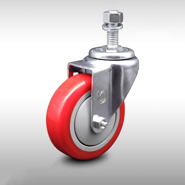 4 Inch SS Red Polyurethane Wheel Swivel 12mm Threaded Stem Caster SCC